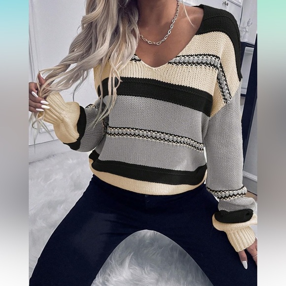 🍂 Autumn/Winter Casual Color Stripe Relaxed Sweater - Mocha/Bla… - Picture 8 of 8